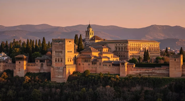 Toàn cảnh cung điện Alhambra ở Granada lúc hoàng hôn, với màu sắc ấm áp, tầm nhìn bao quát pháo đài cổ kính và những dãy núi xung quanh, tạo nên một khung cảnh yên bình và đầy chất thơ.