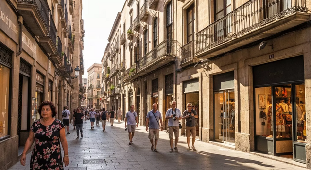 Khung cảnh đường phố sống động tại Khu Phố Gothic của Barcelona vào ban ngày, với ánh sáng tự nhiên rực rỡ, kiến trúc lịch sử, người dân địa phương và du khách đông đúc trên những con đường lát đá cổ kính.